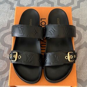 Louis Vuitton Black Sandals W/Gold Buckles size 9.5 comes with box&shopping bag